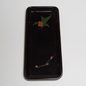 輪島塗 ペン皿、長方形 -山桜の蒔絵仕上げ- [内外面ともタメ色] 梨地、螺鈿・切り金入り