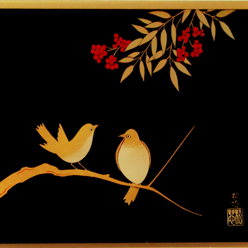 輪島塗 漆額(パネル) -南天・目白の蒔絵仕上げ- [黒色] 木製
