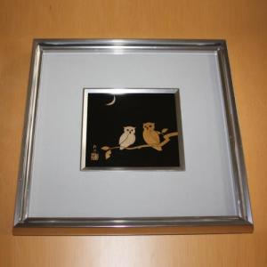 輪島塗 漆額(パネル) -ふくろうの蒔絵仕上げ- [黒色] アルミ枠