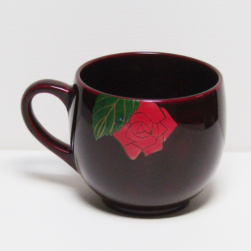 輪島塗 コーヒーカップ -薔薇の蒔絵仕上げ- [内外面とも朱タメ色] 螺鈿入り