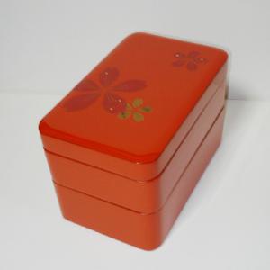 輪島塗 弁当箱 (2段)-桜の蒔絵仕上げ- [内外面とも洗い朱色] 角形、螺鈿・切り金入り、