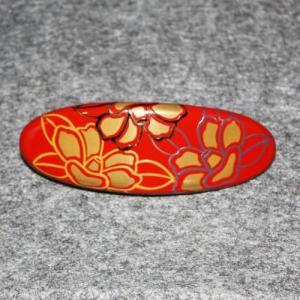 輪島塗 バレッタ 小判形 -椿-II の蒔絵仕上げ- [朱色]