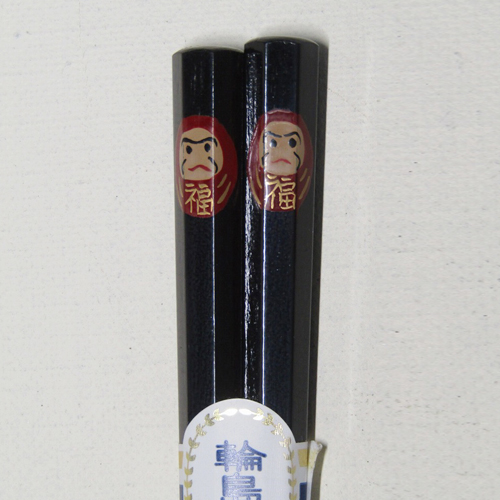 輪島塗 七角箸 福だるまの蒔絵仕上げ (大) -黒色- 多層塗り、黒檀製