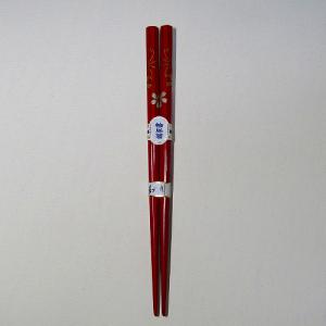 輪島塗 八角箸 桜の蒔絵仕上げ (中) -朱色- 多層塗り