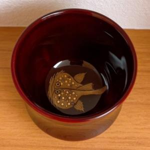 輪島塗 ぐい飲み ひょうたん形 -鮟鱇(アンコウ)の高蒔絵(内面)仕上げ-[内外面とも朱タメ色] 螺