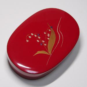 輪島塗 弁当箱 (1段)  -鈴蘭の蒔絵仕上げ- [内外面とも朱色] 小判形、梨地、螺鈿入り